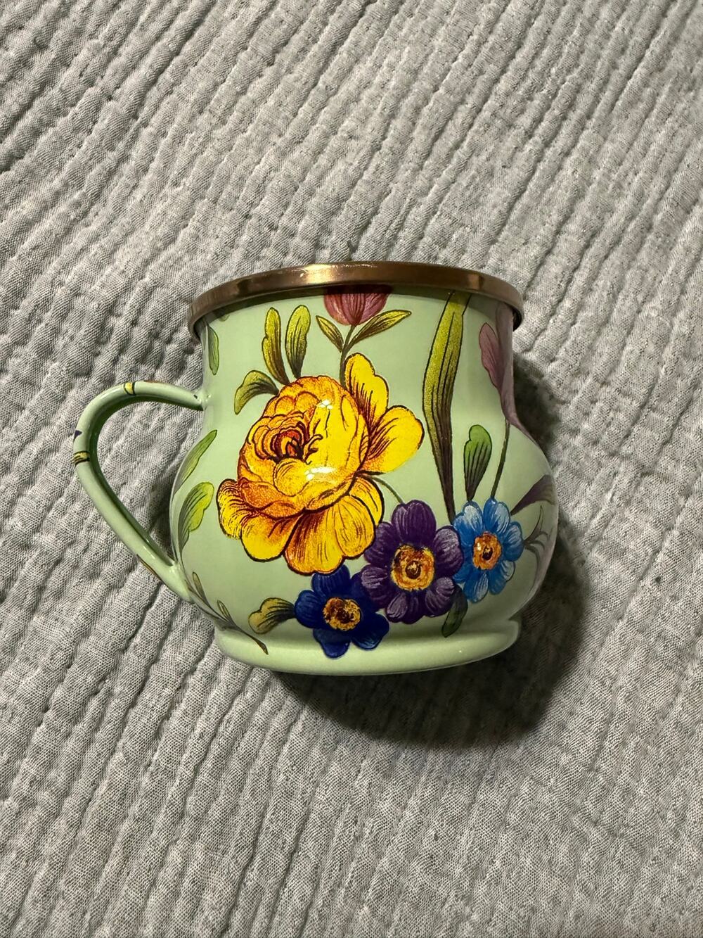 Mackenzie Childs Mug Green Flower Market Enamel
Handled Cup 16oz
